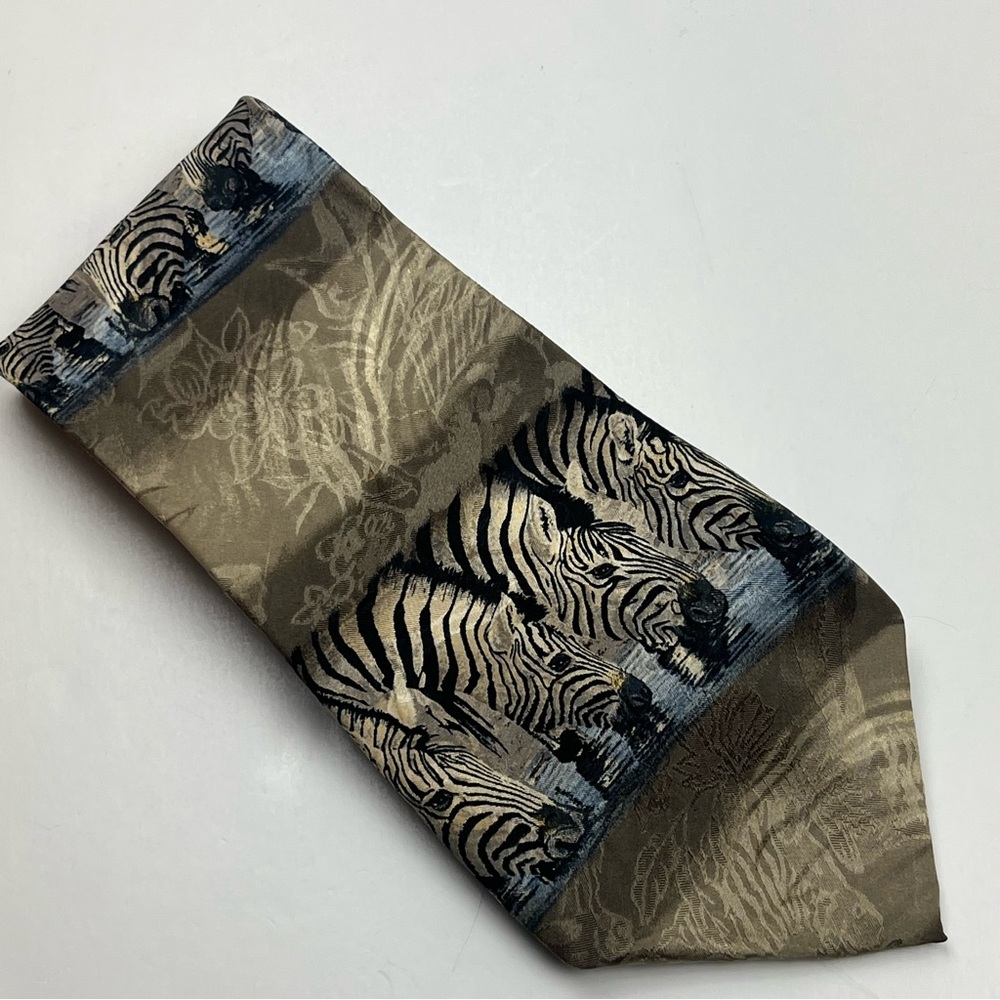 Endangered Species Zebra at the Waterhole Neck Tie Brown Black Vintage 100% Silk